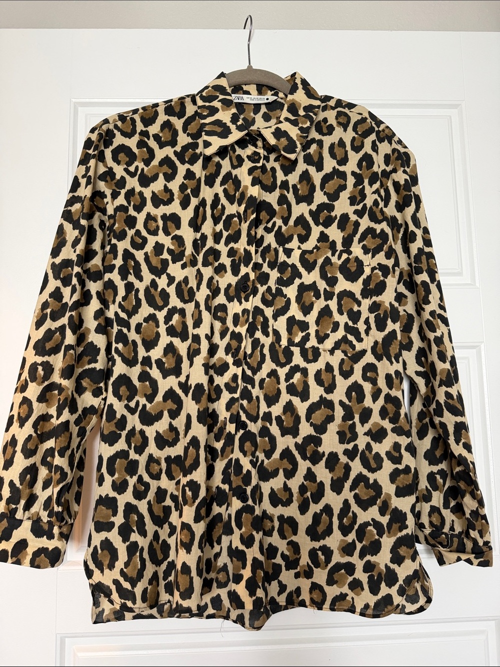 Zara Leopard Print Button-Down Shirt in Tan, Black, Brown